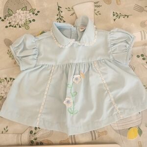Light Blue Baby Dress Shirt with Floral Embroidery Cuties By Judy Vintage